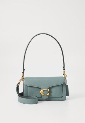 Teal leather handbag with a structured design, gold hardware, a clasp closure, and a detachable strap. Smooth texture and minimal detailing.
