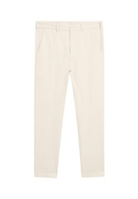 Beige trousers made from a smooth fabric. Features include side pockets and a straight-leg design with belt loops and a hidden zipper.