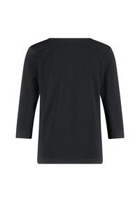 Maglietta nera a maniche lunghe con scollatura tonda, texture liscia e design semplice e aderente. Nessun motivo o accento visibile.