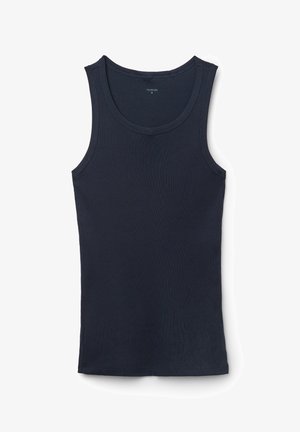 Top a canottiera in maglia blu navy con scollatura tonda e spalline larghe. Texture morbida e design aderente, realizzato in tessuto elasticizzato.