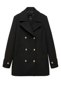 Abrigo negro de lana con diseño cruzado, botones dorados, cuello ancho y bolsillos laterales. Presenta puños con botones y tejido texturizado.