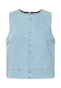 Svijetloplavi traper bez rukava s raspršenim srebrnim nitnama, okruglim izrezom i lagano širokim krojem. Jednostavni, teksturirani dizajn tkanine.