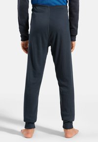 Dark gray thermal pants with ribbed texture, elastic waistband, and cuffed ankles, shown from the back with bare feet visible.