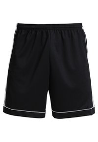 Mustat urheilushortsit, jotka on valmistettu kevyestä materiaalista. Niissä on valkoiset sivuraitat, joustava vyötärönauha ja suora helma.