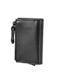 Portafoglio nero in materiale sintetico texturizzato, di forma rettangolare compatta, con zip e un tirante intrecciato.
