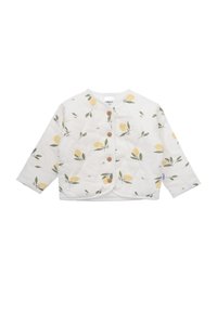 Gepolsterte weiße Jacke mit Zitronen- und Blattdruck, langen Ärmeln und Holzknöpfen vorne. Weicher Baumwollstoff.