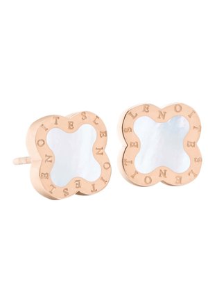 Røde guldbelagte ørestikkere med kløverformede perlemorsindsatser og "ISLE NOIRE" indgraveret rundt om kanterne.