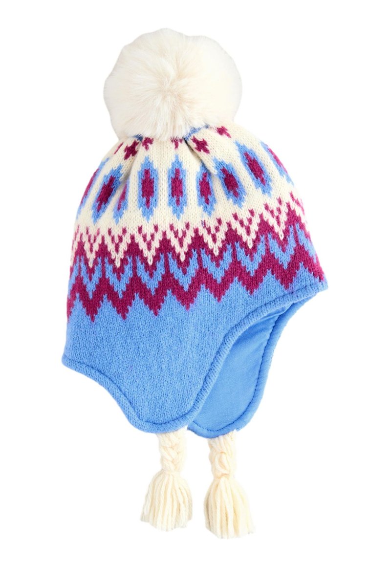 Cappello a maglia azzurro chiaro con una fascia decorata color crema con dettagli in amaranto e blu, sormontato da un soffice pon pon color crema e nappine.