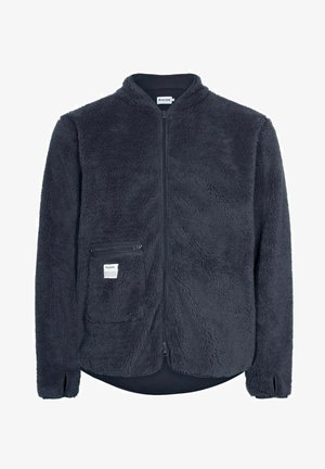 Bluza polarowa w ciemnoszarym kolorze z pełnym zamkiem z przodu, wysokim kołnierzem i zamykaną na zamek kieszenią na piersi. Miękka tekstura i długie rękawy.