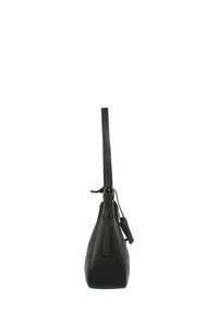 Borsa a spalla in pelle nera con una forma snella ed allungata. Presenta una tracolla piatta, cuciture sottili e un'etichetta attaccata. Texture liscia.