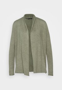 Avoin neulecardigan, joka on valmistettu pehmeästä, joustavasta kankaastaoliivinvihreänä. Siinä on pitkät hihat ja rento istuvuus, sekä sileä rakenne.