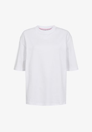 Tricou alb cu mânecă scurtă și decolteu rotund, realizat din bumbac moale, cu croială lejeră și cusături subtile pe tiv.