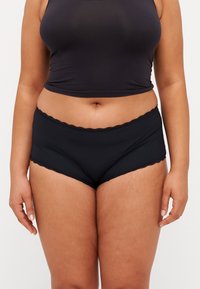 Black ribbed hipster underwear with lace trim at the waistband and leg openings. Soft texture, mid-rise cut, suitable for everyday wear.