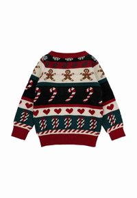 Maglione lavorato a maglia con un design festivo che presenta omini di pan di zenzero, bastoncini di zucchero, cuori e strisce nei colori rosso, verde, nero e crema.