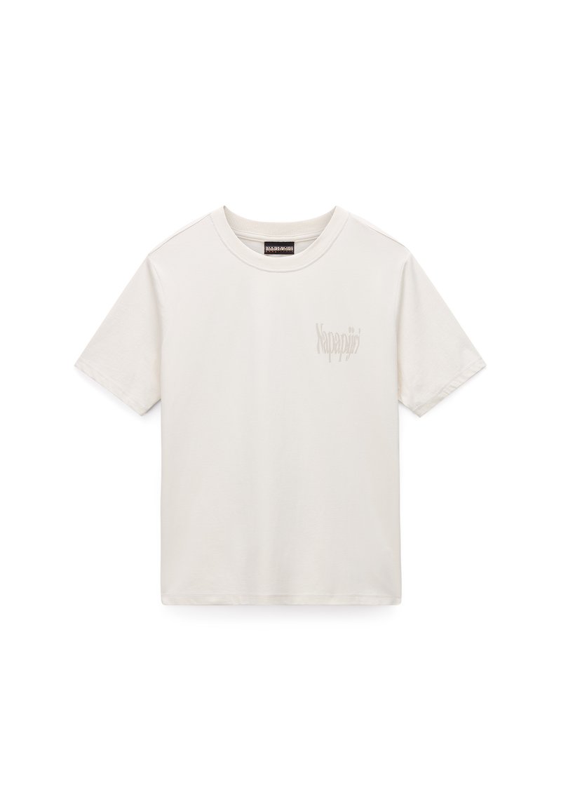 T-shirt court à manches courtes beige clair en coton avec un col rond et un logo discret sur la partie gauche de la poitrine. Texture douce.