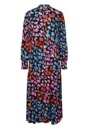 Floral midi dress with a black base, featuring colorful patterns in red, pink, and blue. Long sleeves with elastic cuffs and a high neckline.