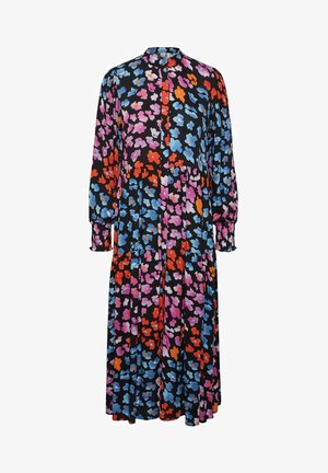 Floral midi dress with a black base, featuring colorful patterns in red, pink, and blue. Long sleeves with elastic cuffs and a high neckline.