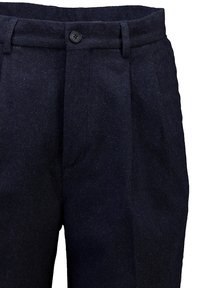 Calças de lã azul-marinho com um acabamento texturizado, apresentando um fecho frontal com botão, pregas e bolsos laterais. Design de cintura ajustada.