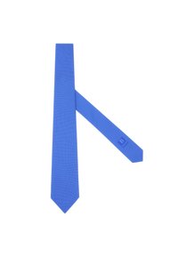 Mėlyna kaklaraištis su tekst�ūriniu raštu, turintis smailų galą. Audinys atrodo lygus, o kaklaraištis yra siauras. Išgraviruotas logotipas ant galinės pusės.