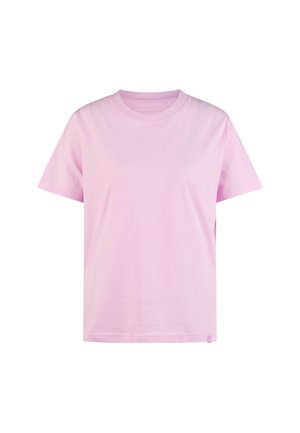 Short-sleeve pink cotton t-shirt, crew neck, relaxed fit, smooth texture, with a small logo tag on the hem.