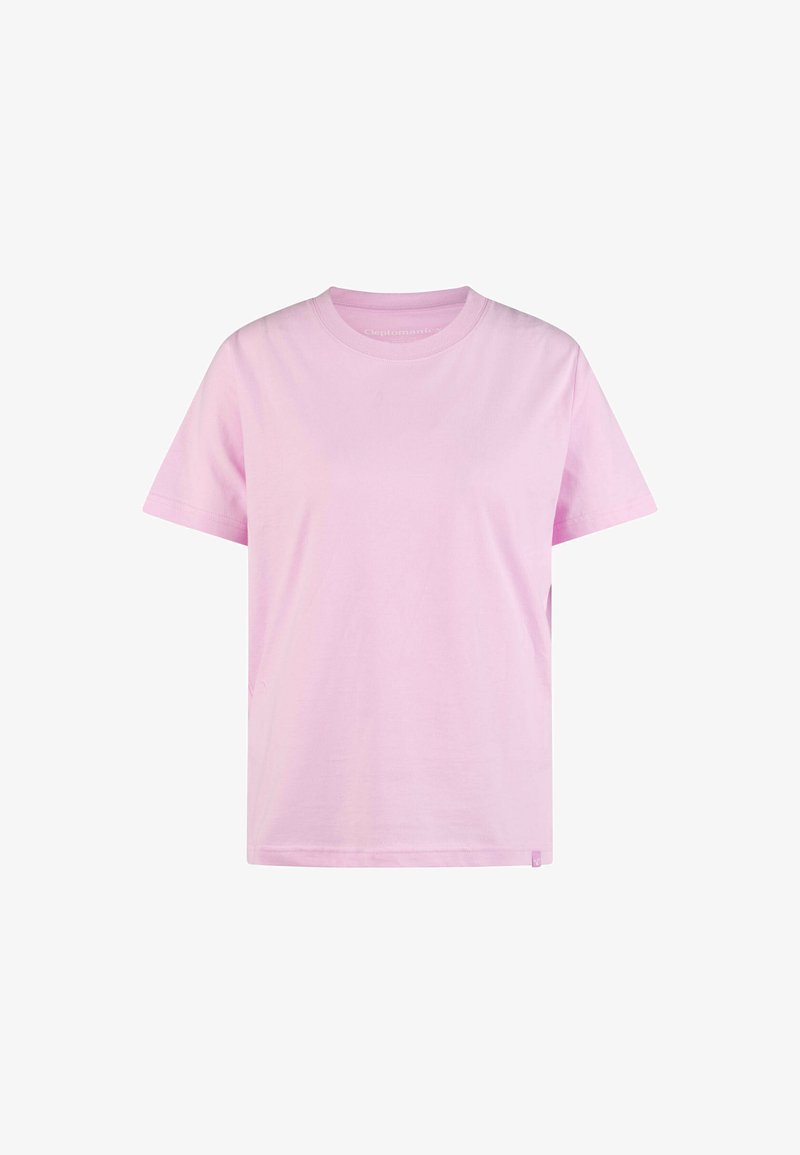 Kurzärmeliges pinkes Baumwoll-T-Shirt, Rundhals, lässige Passform, glatte Textur, mit einem kleinen Logotag am Saum.
