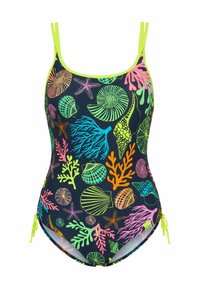 Yksiosainen uimapuku neonkirkkailla vihreillä olkaimilla, koristeltu värikkäillä simpukka-, meritähden ja korallikuvioilla tummalla taustalla.