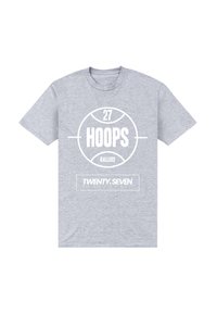 Šedé bavlněné tričko s krátkým rukávem, na kter�ém jsou bílé grafiky: "27 HOOPS BALLERS" umístěné v kruhovém uspořádání a "TWENTY.SEVEN" v obdélníku.