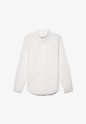 Biała koszula z długim rękawem, kołnierzykiem typu band, zapinana na guziki z przodu i guziczkami na mankietach. Wykonana z gładkiej, lekkiej tkaniny o luźnym kroju.