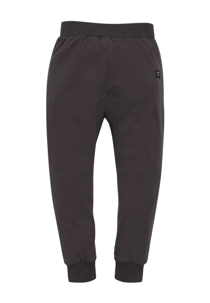 Dunkelgraue Jogginghose aus weichem Stoff mit elastischem Bund, schmal zulaufenden Bündchen und einem kleinen Logo-Etikett an der Seite.