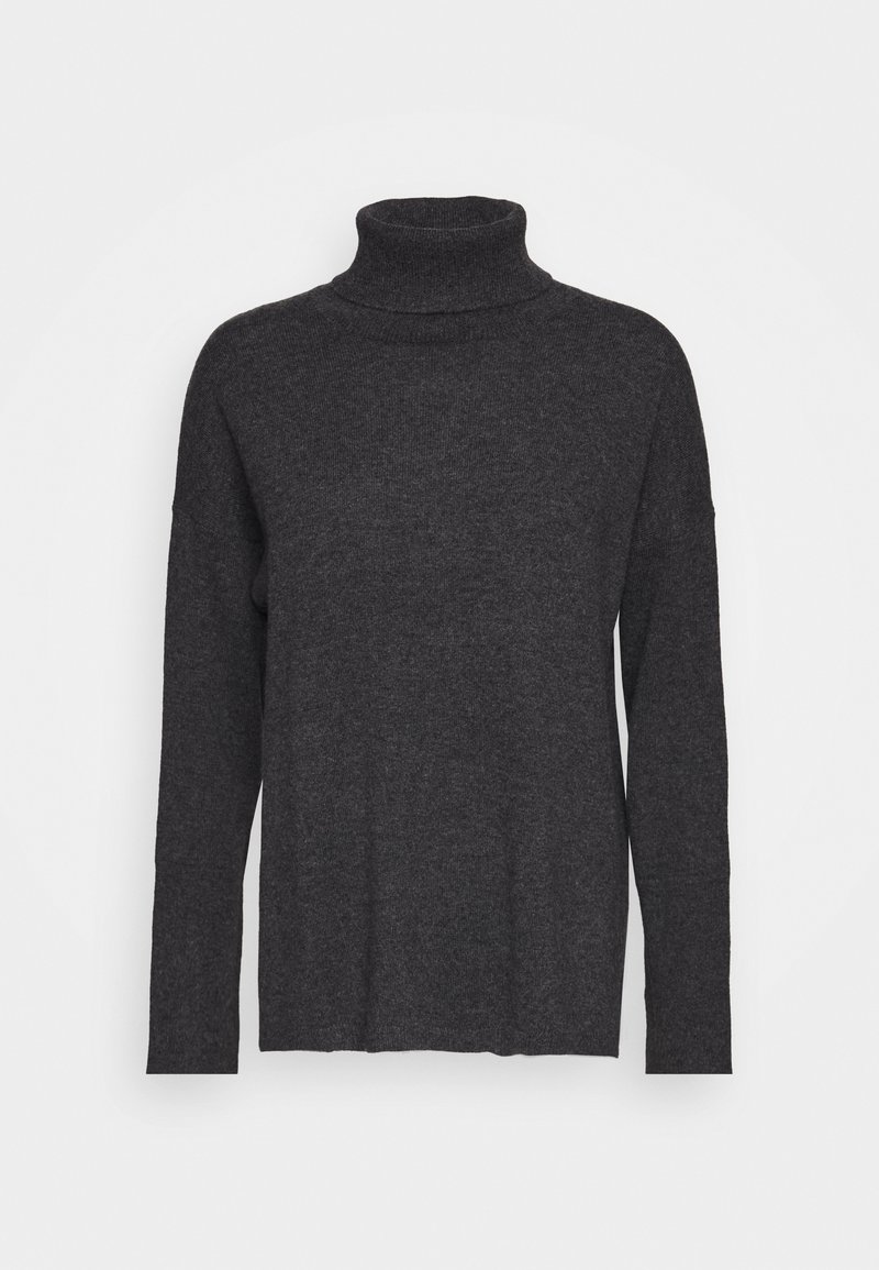 Tmavě šedý rolák vyrobený z měkkého pleteného materiálu. Má dlouhé rukávy, volný střih a vysoký límec. Jednoduchý design, bez vzorů.