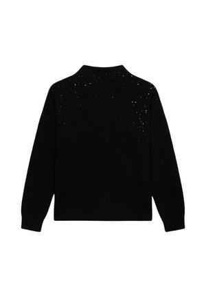 Maglione nero con colletto alto, caratterizzato da un design testurizzato di piccoli tagli e sottili accenti scintillanti. Maniche lunghe.