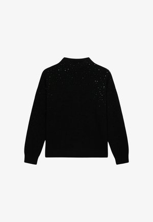 Maglione nero con colletto alto, caratterizzato da un design testurizzato di piccoli tagli e sottili accenti scintillanti. Maniche lunghe.