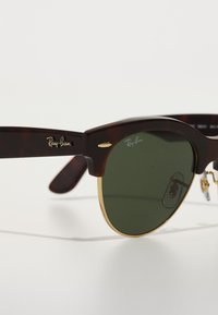 Ray-Ban aurinkolasit, joissa on kilpikonnankuorinen muovikehys, vihreät linssit ja kultaiset yksityiskohdat. Ominaisuuksina klassinen pyöreä muoto ja metalliset yksityiskohdat.