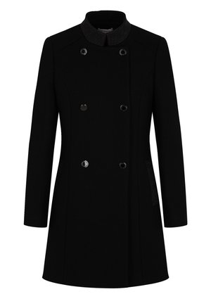 Manteau noir à double boutonnage avec un col montant, présentant des accents texturés et des boutons brillants. Coupe ajustée avec poches latérales.