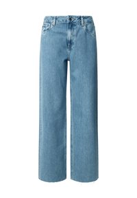 Ljust blå vida jeans i denimtyg med hög midja, med knappstängning, fem fickor och fransade fållar.