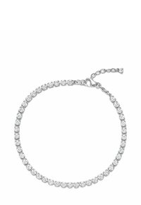 Bracciale d'argento con una fila di cristalli trasparenti a taglio rotondo incastonati in montature metalliche quadrate, con una catena di estensione per una vestibilità regolabile.
