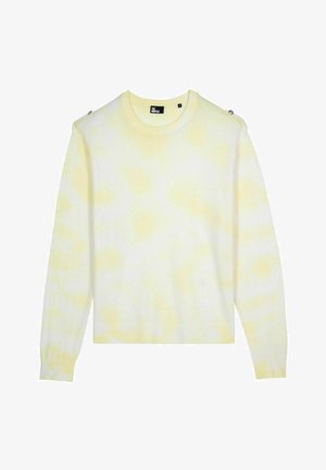 Pull en tie-dye jaune clair en tissu tricoté doux. Col rond, manches longues avec des poignets côtelés, et des accents de boutons en métal sur les épaules.