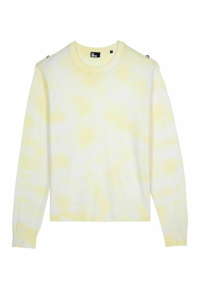 Helles gelbes Tie-Dye-Pullover aus weichem Strickstoff. Rundhalsausschnitt, lange Ärmel mit gerippten Bündchen und metallischen Knopfakzenten an den Schultern.