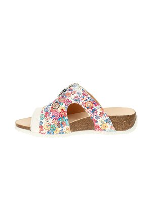 Open-toe slide sandal with colorful floral upper, cork sole, and decorative buckle on white background.