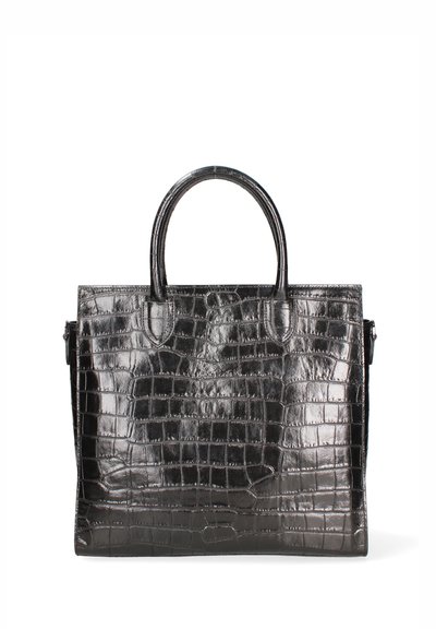 Borsa in pelle nera con stampa coccodrillo, dotata di due manici superiori, forma strutturata e superficie liscia. Presenta una tasca laterale con zip.
