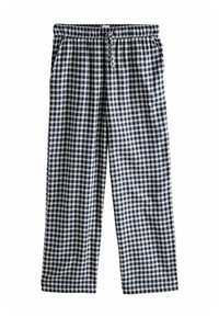 Námořnické a bílé kostkované kalhoty s uvolněným střihem, elastickým pasem, šňůrkou a bočními kapsami. Vyrobené z lehké látky.