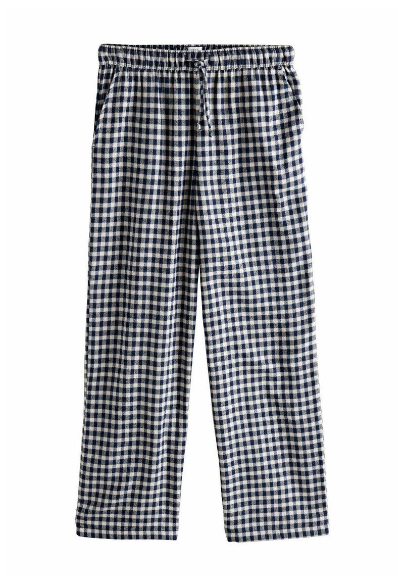 Námořnické a bílé kostkované kalhoty s uvolněným střihem, elastickým pasem, šňůrkou a bočními kapsami. Vyrobené z lehké látky.