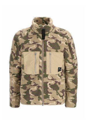 Fleece jack met een beige, groene en bruine camouflagepatroon, voorzien van twee voorzakken met rits en een hoge kraag.