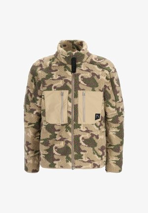 Fleece jacket featuring a beige, green, and brown camouflage pattern, with two front zippered pockets and a high collar design.