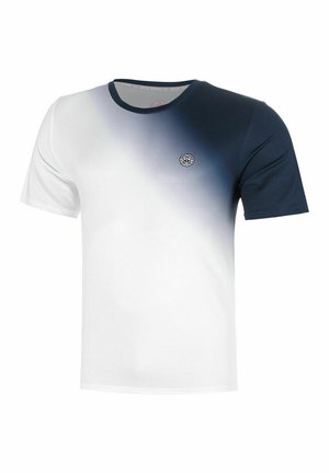 Kurzärmeliges T-Shirt mit Rundhalsausschnitt, Farbverlauf von Weiß zu Navy, einfarbiger Navy-rechter Ärmel und kleinem rundem Logo auf der linken Brust.