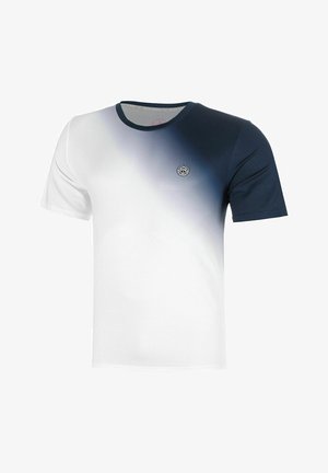 Kurzärmeliges T-Shirt mit Rundhalsausschnitt, Farbverlauf von Weiß zu Navy, einfarbiger Navy-rechter Ärmel und kleinem rundem Logo auf der linken Brust.