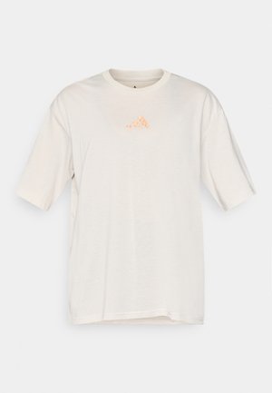 Cream-colored t-shirt with a round neck and short sleeves. Features a textured, small orange logo on the chest. Lightweight fabric.