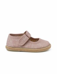Pink fabric Mary Jane shoe with a round toe, adjustable strap, and rope-like sole detail. Smooth texture and simple design.