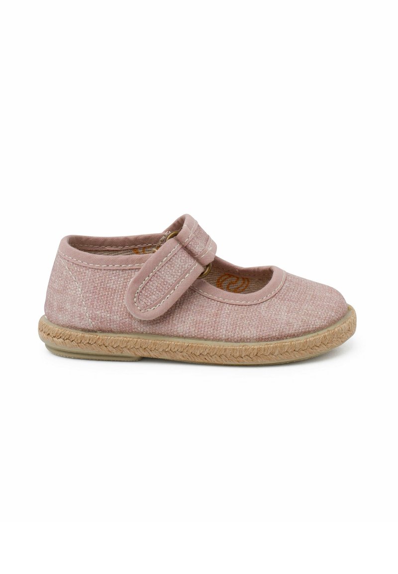 Pink fabric Mary Jane shoe with a round toe, adjustable strap, and rope-like sole detail. Smooth texture and simple design.