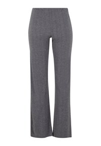 Pantalon large en maille grise avec taille haute et devant lisse, conçu pour une coupe décontractée de la taille à l'ourlet.